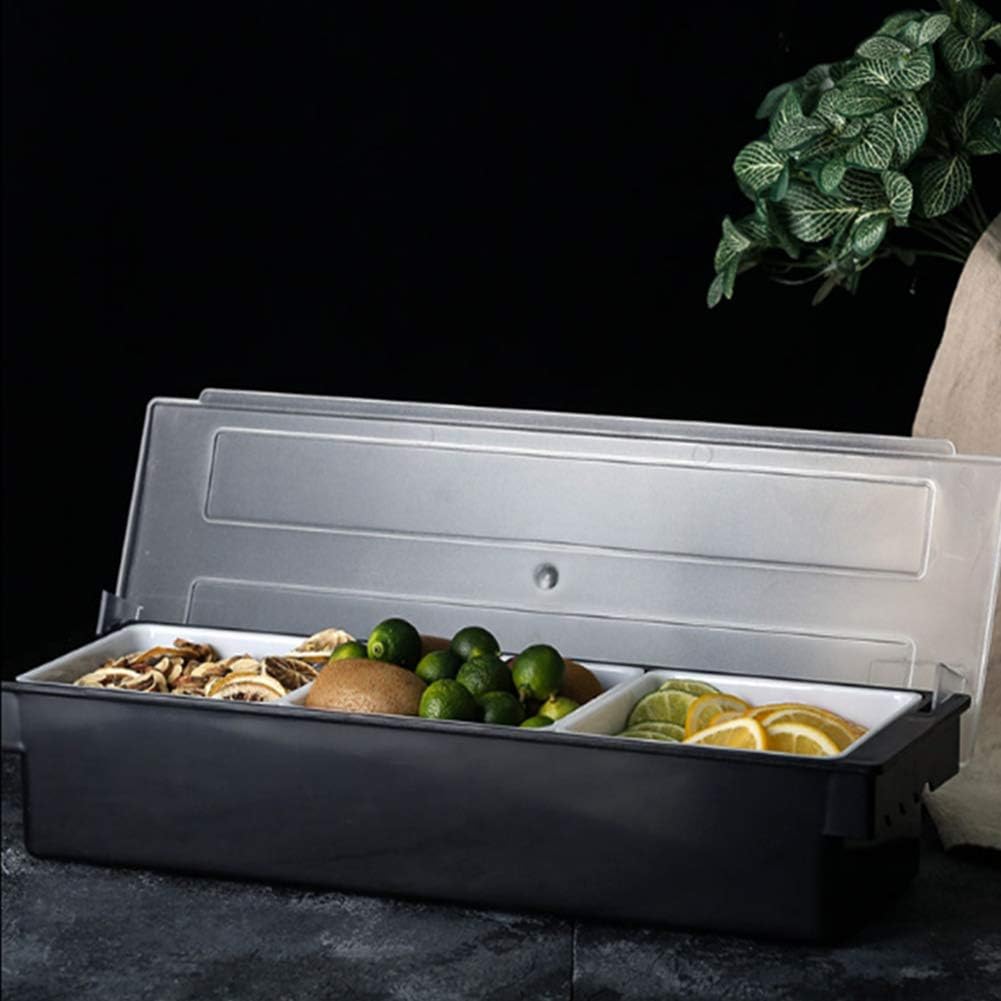 Fruit Veggie Condiment Caddy with Lid, 3 Compartment Plastic Dispenser Tray for Catering Dips Toppings, Serving Taco, Ice Cream, Fruit, & Salad Bar Garnish Organizer for Restaurant Supplies