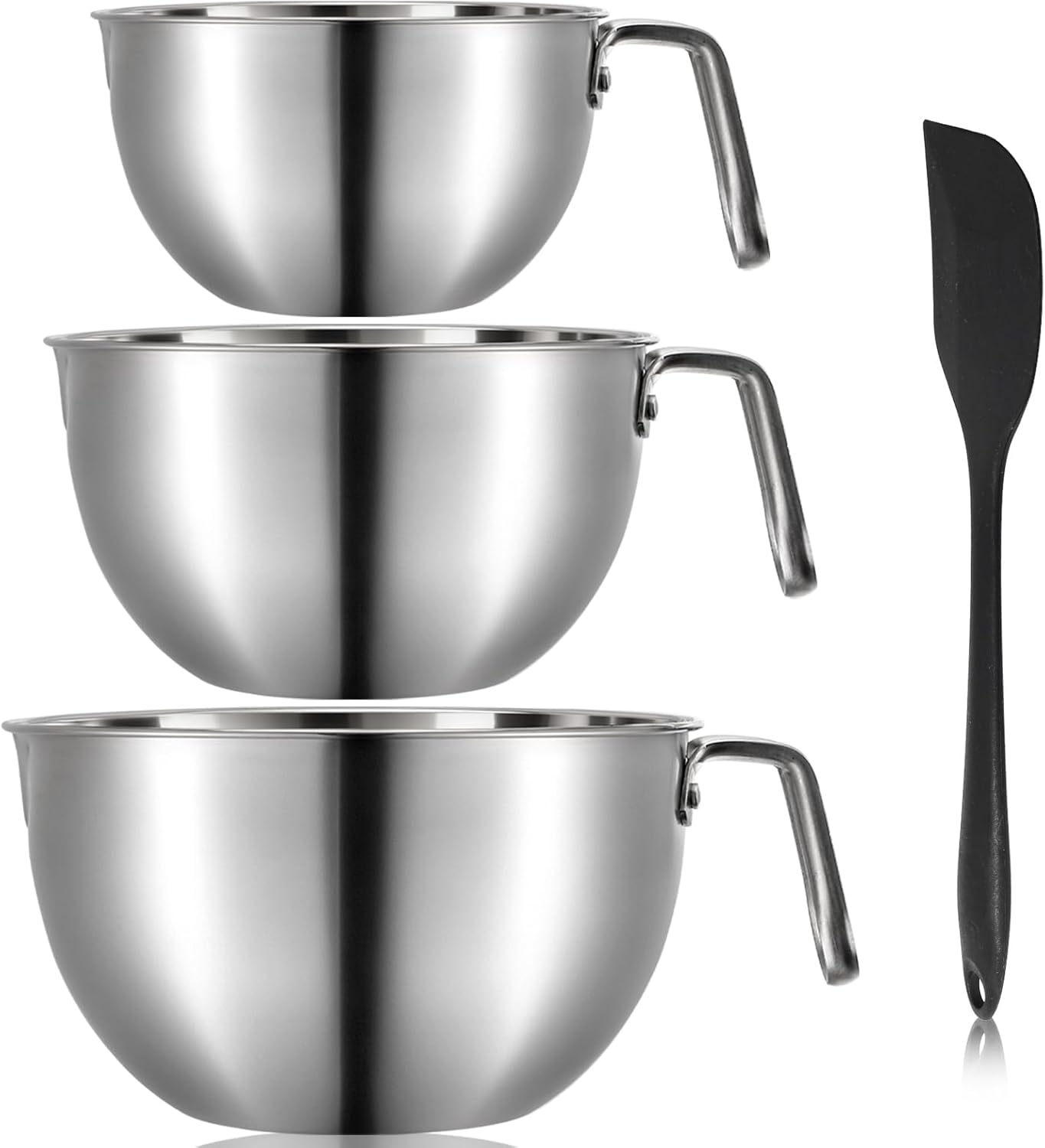 3 Pieces 304 Stainless Steel Mixing Bowls, 1.3/2.1/2.6 Quart Mixing Bowl Set with Handle, Pour Spouts & Measurement Marks, Metal Nesting Bowls with Silicone Spatula for Baking Cooking