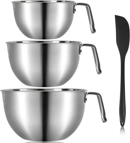 3 Pieces 304 Stainless Steel Mixing Bowls, 1.3/2.1/2.6 Quart Mixing Bowl Set with Handle, Pour Spouts & Measurement Marks, Metal Nesting Bowls with Silicone Spatula for Baking Cooking
