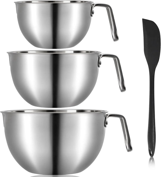 3 Pieces 304 Stainless Steel Mixing Bowls, 1.3/2.1/2.6 Quart Mixing Bowl Set with Handle, Pour Spouts & Measurement Marks, Metal Nesting Bowls with Silicone Spatula for Baking Cooking