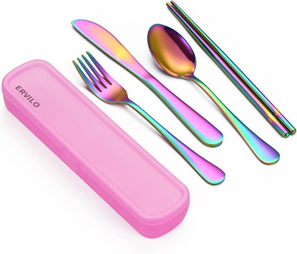 Travel Utensils with Case, Stainless Steel Camping Cutlery Set, Reinforced Case with Snap-Lock Closure, Include Fork Spoon Knife Chopsticks, Portable Lunch Box Silverware for Picnic Office, Black
