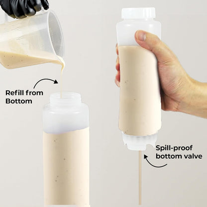 Restaurantware 32oz. FIFO Inverted Plastic Squeeze Bottle with Refill and Dispensing Lids - First In First Out - Perfect for Restaurants, Catering, and Food Trucks - box