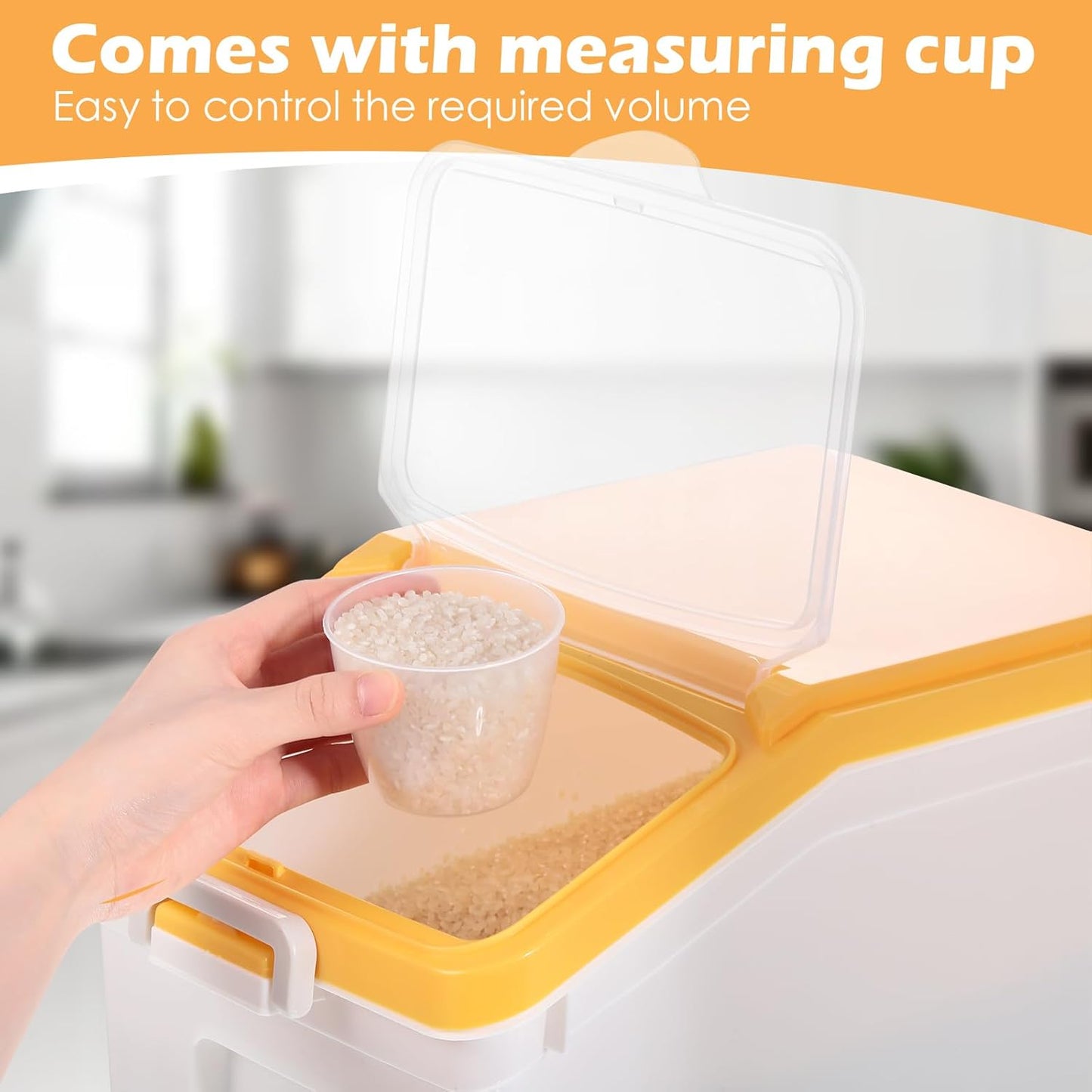 Sunnyray 4 Pcs Rice Storage Containers Bulk Flour Sugar Container Wheels Measuring Cups Set Airtight Pet Dog Cat Birds Food Bin Grain Cereal Organizer Box for Dry Baking (Beige,38 lb)