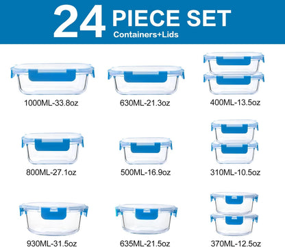 M MCIRCO 24-Piece Glass Food Storage Containers with Upgraded Snap Locking Lids,Glass Meal Prep Containers Set - Airtight Lunch Containers, Microwave, Oven, Freezer and Dishwasher