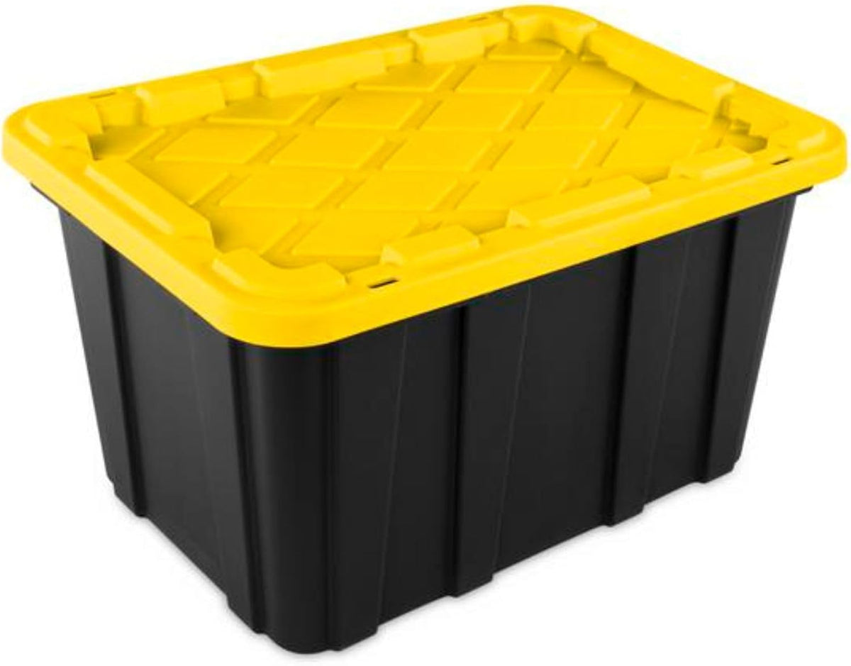 Sterilite 4-Pack 27 Gallon Industrial Storage Tote, Heavy-Duty Plastic Bins, Black/Yellow - Stackable Utility Organizers with Lids for Garage, Camping Tools, and Outdoor Gear