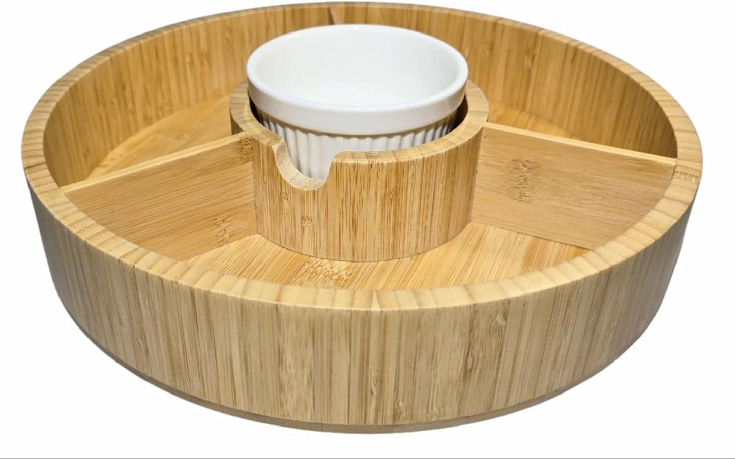 Premium Bamboo Veggie Tray w/Removable Ceramic Dip Bowl- Wooden Serving Platter for Cut Vegetables, Chips, Dips, and Appetizers - Perfect Party Tray for Entertaining (12”)