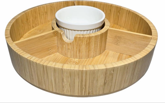 Premium Bamboo Veggie Tray w/Removable Ceramic Dip Bowl- Wooden Serving Platter for Cut Vegetables, Chips, Dips, and Appetizers - Perfect Party Tray for Entertaining (12”)