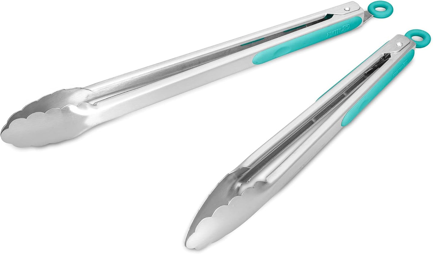 304 Stainless Steel Kitchen Cooking Tongs, 9" and 12" Set of 2 Sturdy Grilling Barbeque Brushed Locking Food Tongs with Ergonomic Grip, Black
