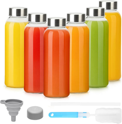 Glass Juice Bottles with Lids 10 oz, 6 Pack Reusable Small Glass Bottles with Stainless Steel Caps & Straws, BPA-Free Leak proof Juice Bottle Containers for Juicing, Milk, Smoothies & Fridge