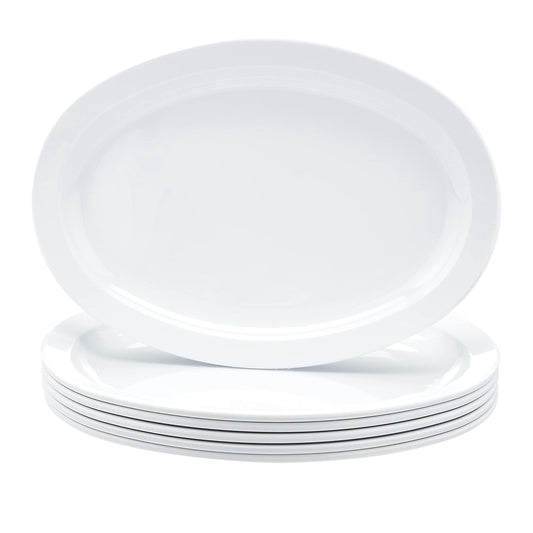 Amazon Basics Melamine Oval Platter Serving Tray, Dishwasher Safe, Narrow Rim, 13 in x 9.75 in, White, 6-Piece Set