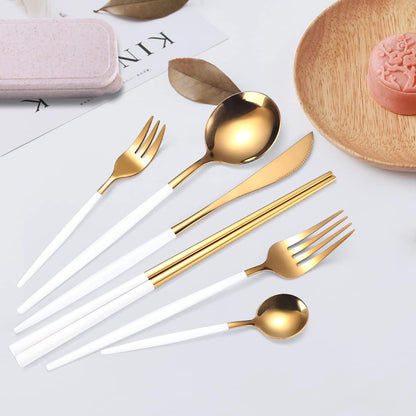 AARAINBOW 8 Pieces Stainless Steel Flatware Set Portable Reusable Cutlery Set Travel Utensils Set Including Chopsticks Knife Fork Spoon Straws Cleaning Brush Dishwasher Safe (Pink Golden)