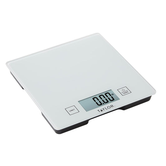 Taylor Compact Glass Kitchen Food Scale, 11 lb Capacity Digital Scale for Baking, Cooking, Meal Prep, Portion Control, Thin Lightweight Design, Easy-to-Read Display, White
