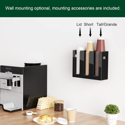 Disposable Coffee Cup Dispenser with Handles, Countertop or Wall Mount Hot/Cold Drink Cup and Lid Holder - Bathroom/Kitchen/Office Acrylic Cup Lid Storage Organizer (1 Compartment, Clear)