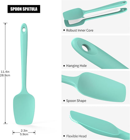2-Piece Silicone Scraper & Spoon Spatulas: Doosu 600°F Heat Resistant Food Grade BPA Free Rubber Baking Flat Spatula Kitchen Cooking Spoonula for Mixing Scraping Folding Stirring Serving (Aqua Sky)