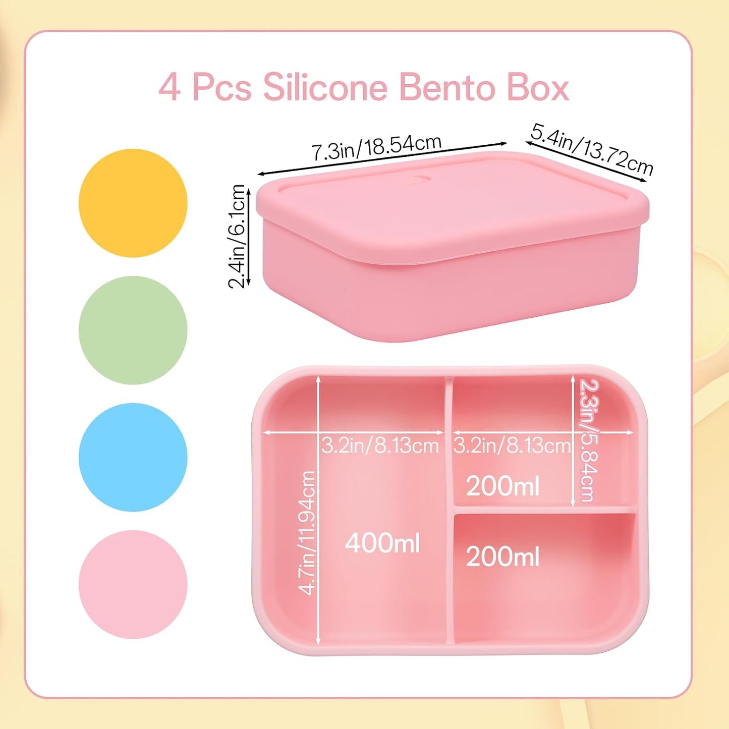 4 Pcs Silicone Bento Box Set - Reusable 3 Compartment Lunch Containers for Adults, Microwave, Dishwasher & Freezer Safe, Leakproof Meal Prep Boxes in Pink, Blue, Green, Orange