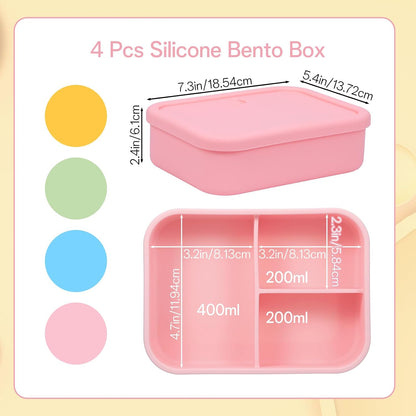 4 Pcs Silicone Bento Box Set - Reusable 3 Compartment Lunch Containers for Adults, Microwave, Dishwasher & Freezer Safe, Leakproof Meal Prep Boxes in Pink, Blue, Green, Orange
