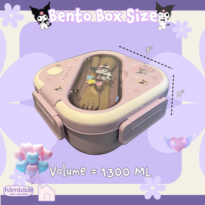 Bento Lunch Box Container Set with 3 Compartments Portable Personal Sealed Plastic Utensils Food Container Cute Kawaii Anime Kitty Bunny Dog (Pink Kitty)