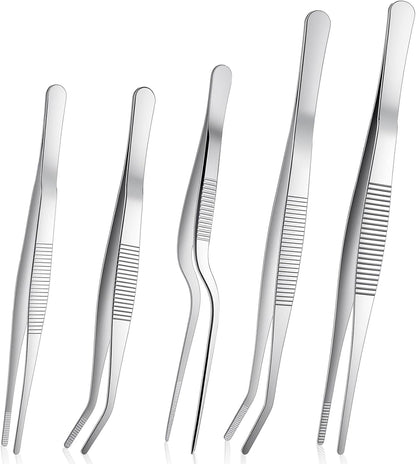 Stainless Steel Tweezers Set, 5Pcs Food Tweezers Precision Tweezer for Cooking Repairing Jewelry-Making DIY Craft Baking Cake Decoration Small Gardening (Silver)