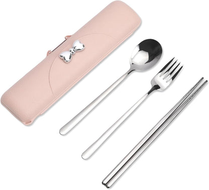 Travel Utensils with Case, Reusable Silverware Set for Lunch Box，Portable Cute Cutlery Set Adult, 18/8 Stainless Steel Spoon Fork Chopsticks for Work, Camping, Picnic, Dishwasher Safe（Pink）