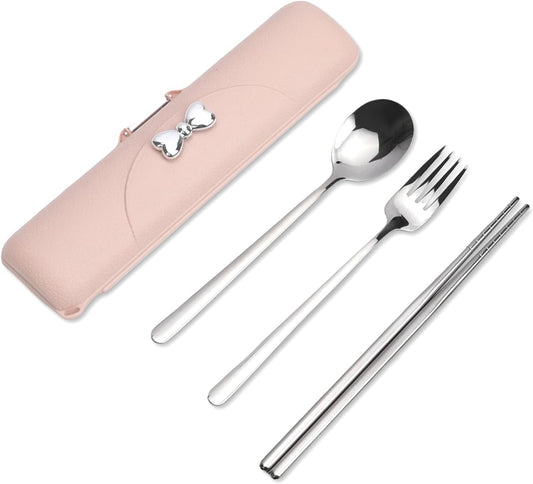Travel Utensils with Case, Reusable Silverware Set for Lunch Box，Portable Cute Cutlery Set Adult, 18/8 Stainless Steel Spoon Fork Chopsticks for Work, Camping, Picnic, Dishwasher Safe（Pink）
