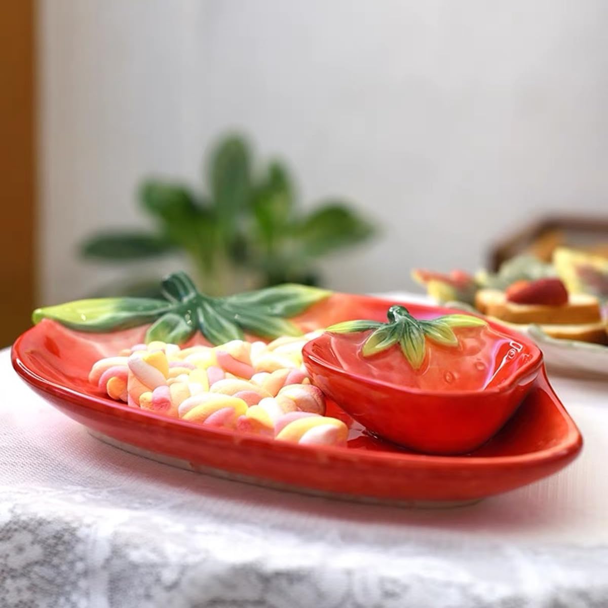 Ceramic Red Strawberry Chip and Dip Serving Trays, Appetizers and Cheeses Serving Platter, Ideal for Snacks, Veggies, Fruit-11inches