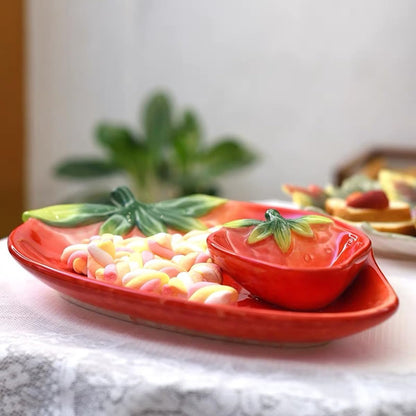 Ceramic Red Strawberry Chip and Dip Serving Trays, Appetizers and Cheeses Serving Platter, Ideal for Snacks, Veggies, Fruit-11inches