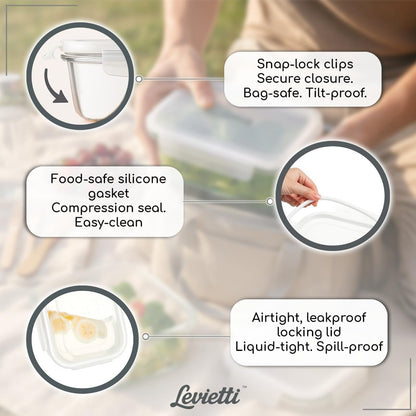 Levietti 2-Pack Borosilicate Glass Food Storage Containers with Lids 35oz (1040 ml) — Airtight Leakproof Meal Prep Containers, BPA-Free Snap Lock Lids, Oven Microwave Freezer Dishwasher Safe
