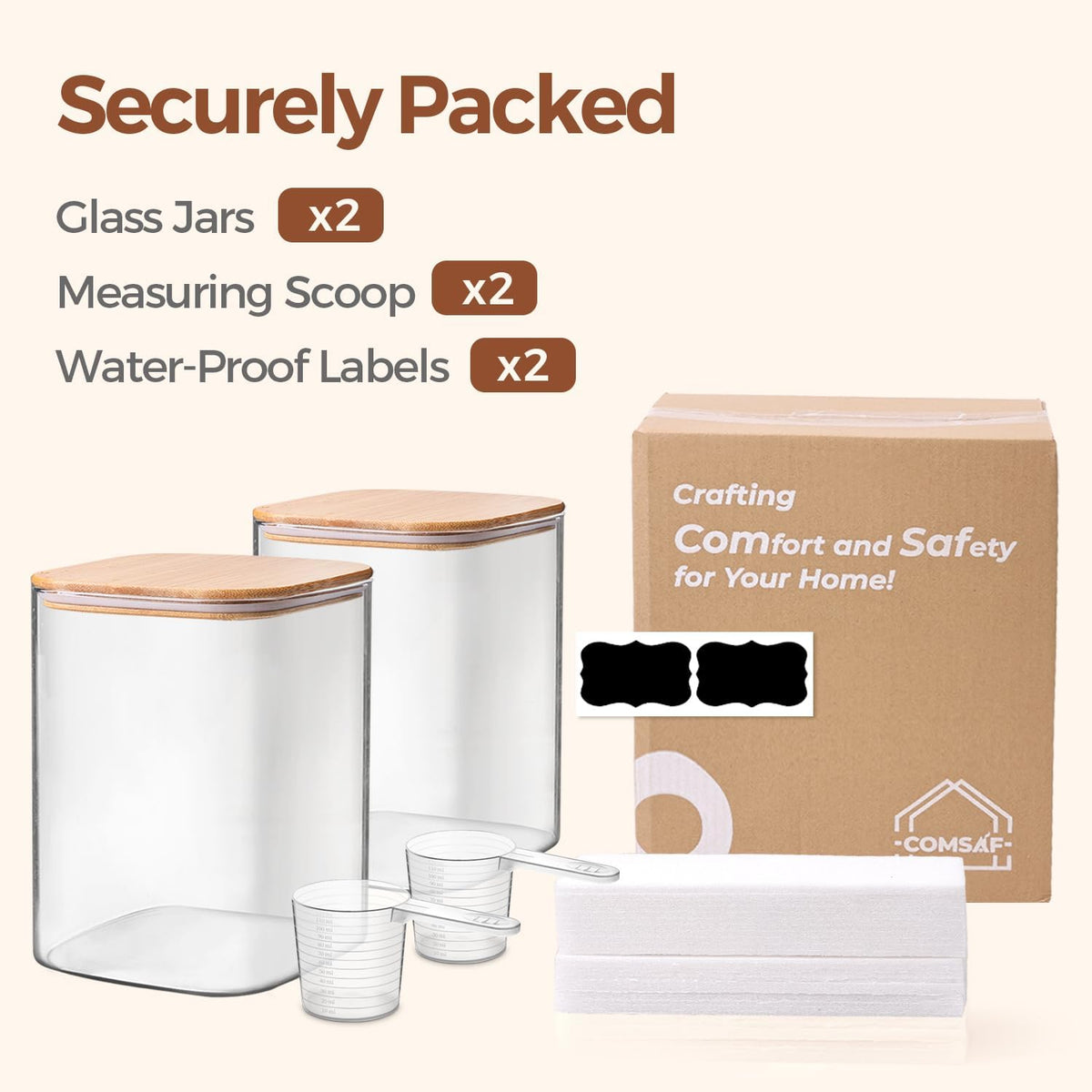 ComSaf Glass Storage Jars with Bamboo Lids 4.6 Qt 2 Pack Large Wide Mouth | Pantry organization, Flour Sugar Coffee Beans, Pasta Cereal Dry Food, 1.2 Gallon, Cabinet Organization, Dry Food Storage