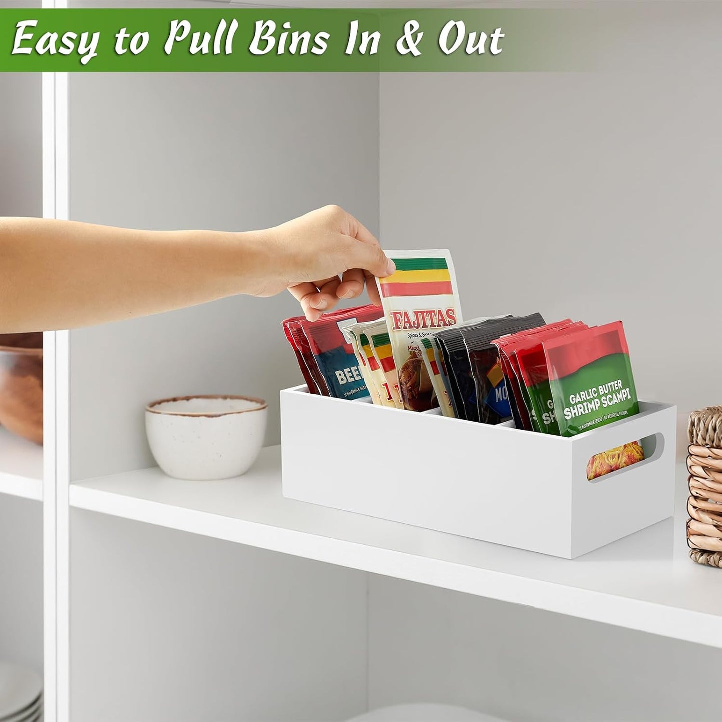 DRASTAR Pantry Organization and Storage Bins, Large Snack Organizer with Removable Dividers, Wooden Storage Caddy for Kitchen, Pantry, Cabinet, Countertop, Black