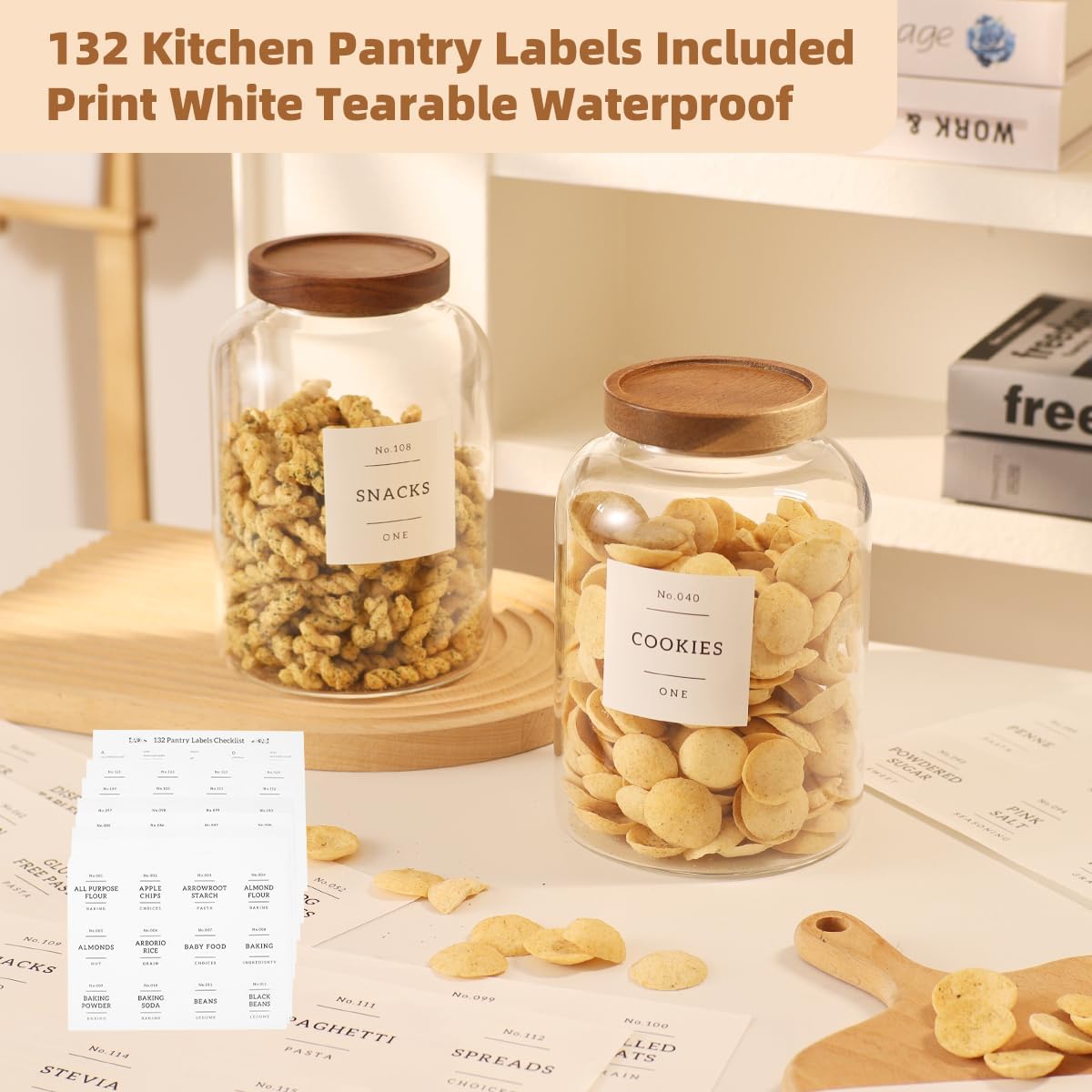 2 Pack Large Glass Flour and Sugar Storage Containers with Airtight Acacia Wood Lids and 132 Kitchen Pantey Labels Preprint - 1 Gallon Borosilicate Glass Canister Sets for Food,Pasta,Cookie,Rice