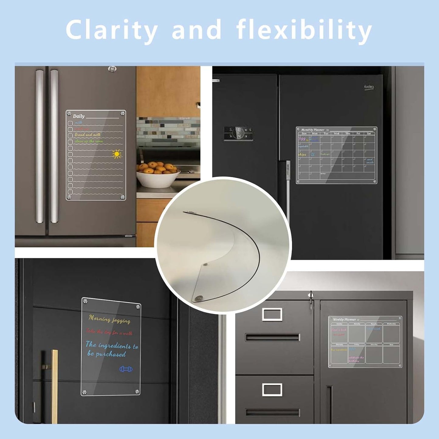 4Pcs Fridge Calendar Set, Clear Magnetic Dry Erase Daily, Weekly, Monthly Planners & Menu Board, w/ 2 Packs of 8 Markers