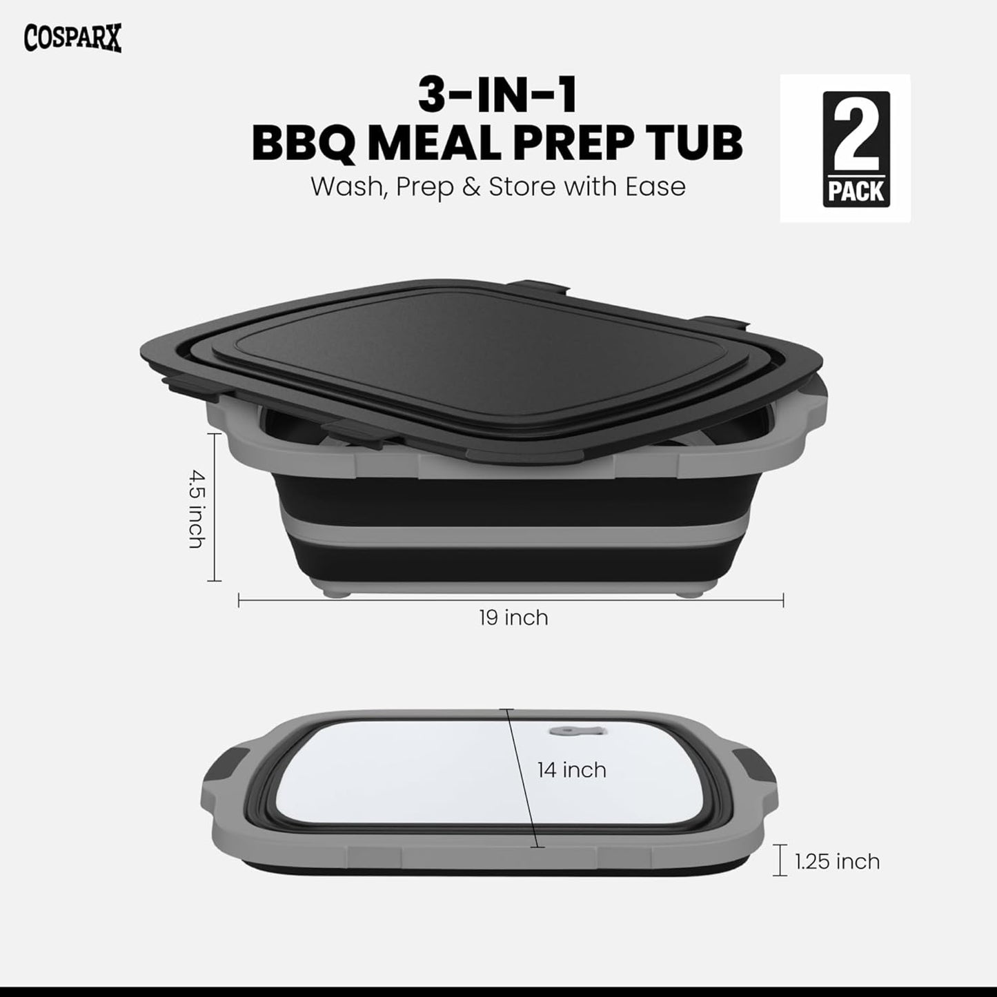 XL Collapsible BBQ Prep Tub with Cutting Board & Drain Plug – Portable Food Prep Station for Kitchen, Camping & Grill – Dishwasher Safe, Space-Saving Design – Heat-Resistant Glove Included (Black)