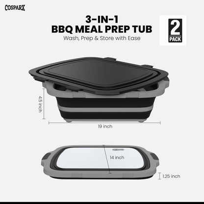XL Collapsible BBQ Prep Tub with Cutting Board & Drain Plug – Portable Food Prep Station for Kitchen, Camping & Grill – Dishwasher Safe, Space-Saving Design – Heat-Resistant Glove Included (Black)