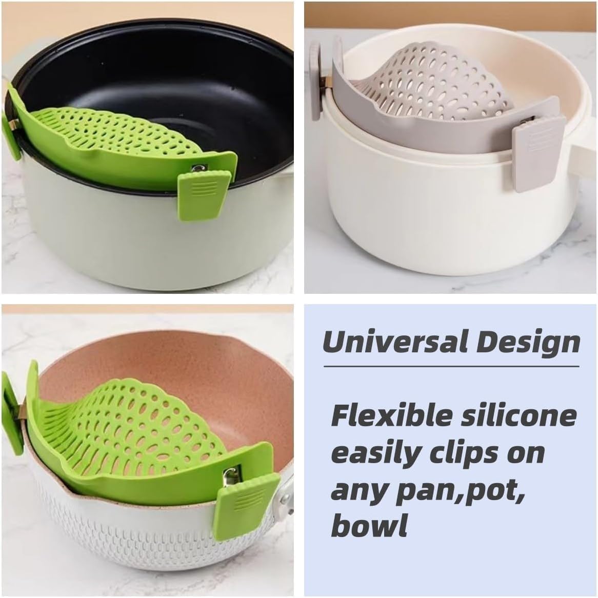 Clip On Strainer Silicone for All Pots and Pans, Pasta Strainer Clip on Food Strainer for Meat Vegetables Fruit Silicone Kitchen Colander (Black)