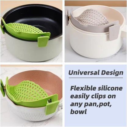 Clip On Strainer Silicone for All Pots and Pans, Pasta Strainer Clip on Food Strainer for Meat Vegetables Fruit Silicone Kitchen Colander (Black)