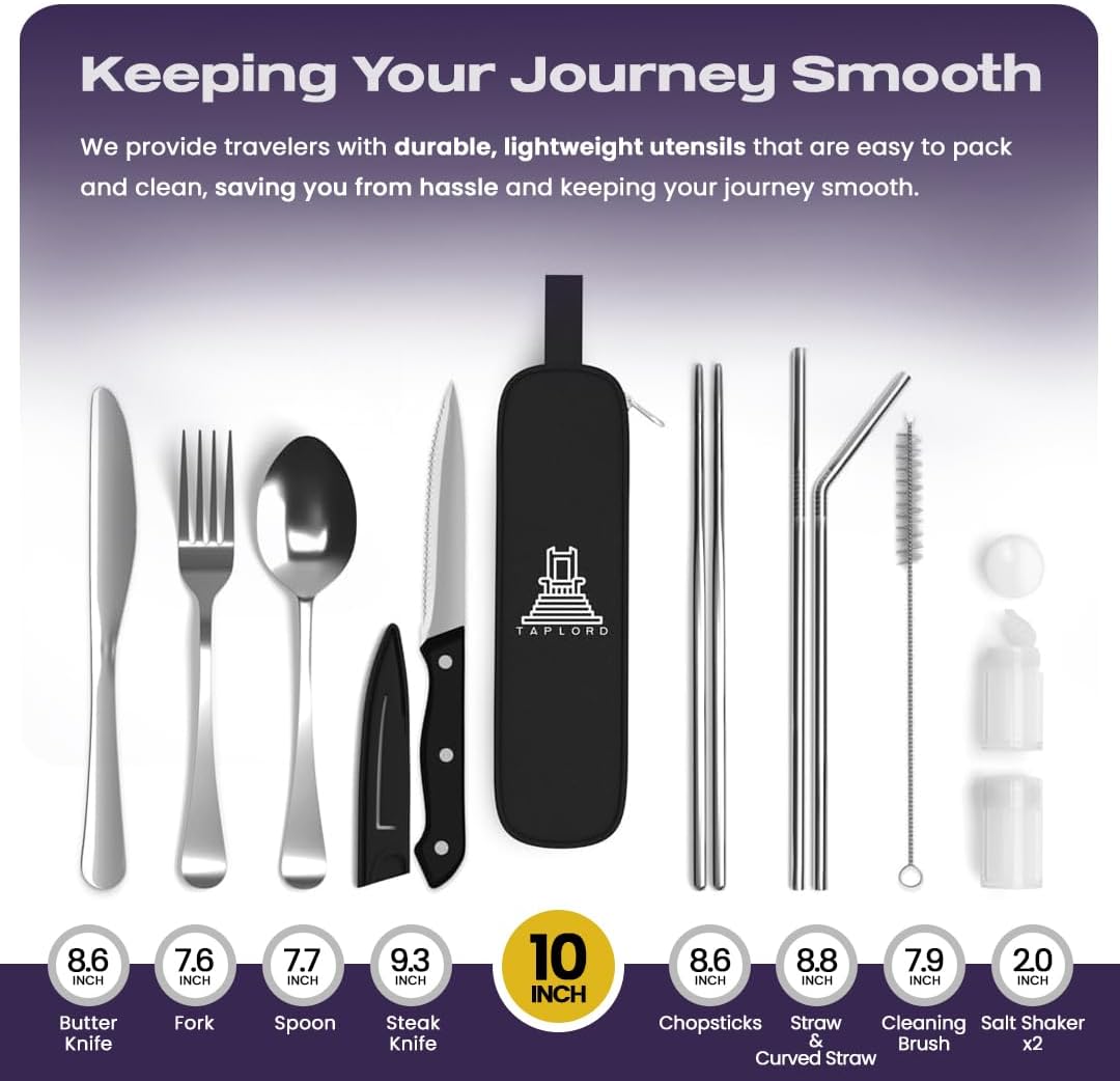 Taplord Portable Travel Silverware Set With Case, Includes 10 Pcs of Travel Utensils With Case, Stainless Steel Flatware Set For Camping, Lightweight (Multi-Color)