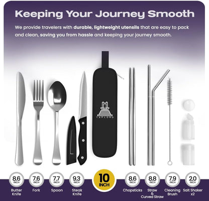 Taplord Portable Travel Silverware Set With Case, Includes 10 Pcs of Travel Utensils With Case, Stainless Steel Flatware Set For Camping, Lightweight (Multi-Color)