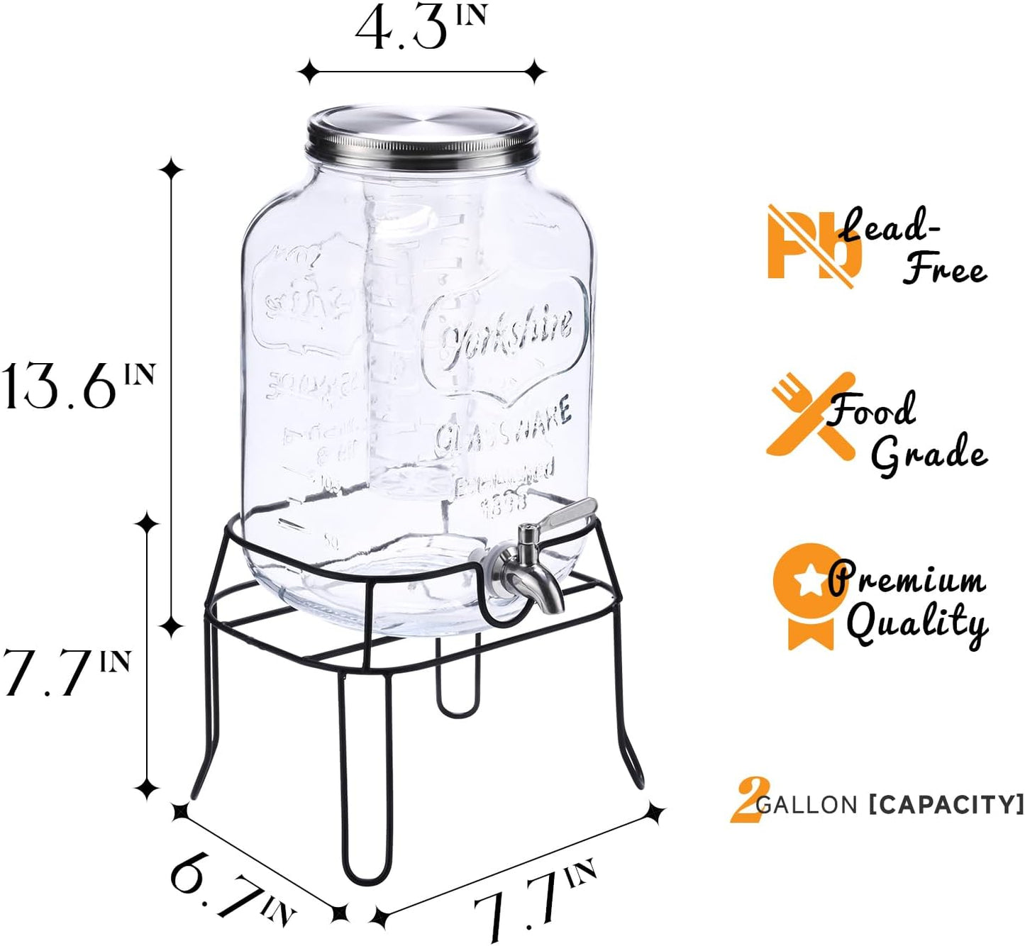 2 Gallon Glass Drink Dispenser,Beverage Dispenser with Stand,Lemonade Dispenser with 304 Stainless Steel Spigot Leakproof for Entertaining Guests, Picnic,Hosting Parties