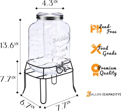2 Gallon Glass Drink Dispenser,Beverage Dispenser with Stand,Lemonade Dispenser with 304 Stainless Steel Spigot Leakproof for Entertaining Guests, Picnic,Hosting Parties