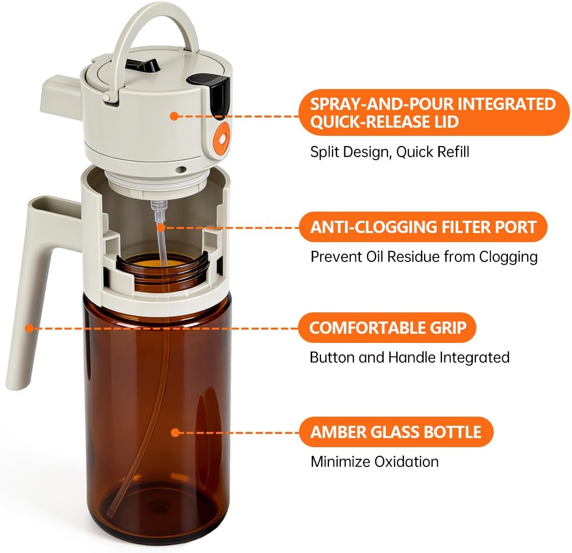 KEOUKE 2 in 1 Oil Sprayer & Dispenser for Cooking, 500ml Light-Blocking Glass Olive Oil Bottle with Gravity Sensing Cap, Ergonomic Push-Button Design for Air Fryer, BBQ, Salad