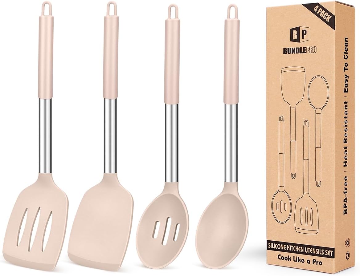 Pack of 4 Silicone Cooking Utensils Set, Non Stick Large Solid Spatulas, Heat Resistant Black Slotted Spoons, Ideal BPA Free Kitchen Turners for Frying, Mixing,Serving,Draining,Turning,Stirring