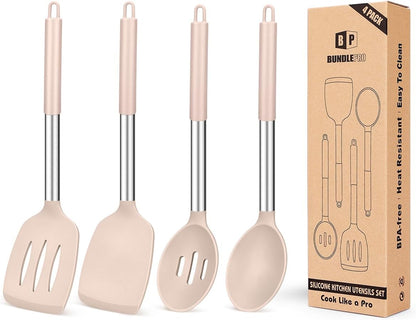 Pack of 4 Silicone Cooking Utensils Set, Non Stick Large Solid Spatulas, Heat Resistant Black Slotted Spoons, Ideal BPA Free Kitchen Turners for Frying, Mixing,Serving,Draining,Turning,Stirring