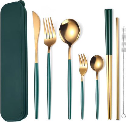 AARAINBOW 8 Pieces Stainless Steel Flatware Set Portable Reusable Cutlery Set Travel Utensils Set Including Chopsticks Knife Fork Spoon Straws Cleaning Brush Dishwasher Safe (Pink Golden)