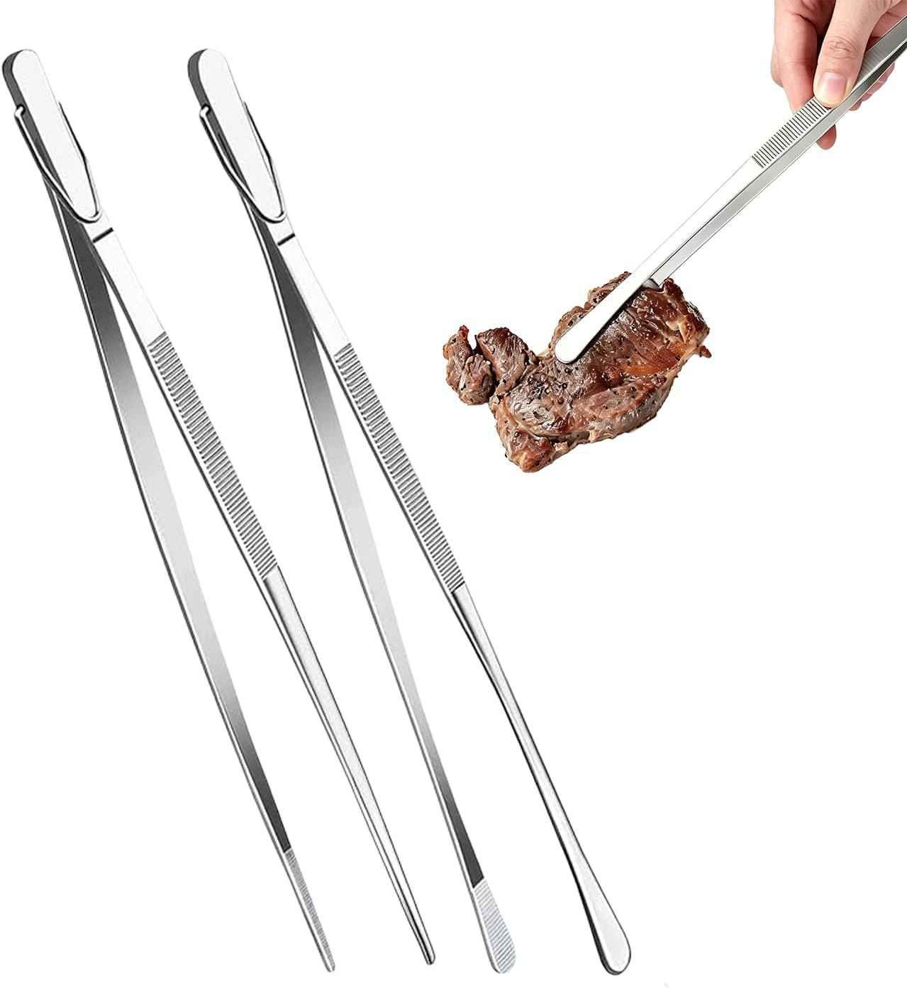 2 Pcs 12" Kitchen Cooking Tweezer Set, Stainless Steel Food-Grade Metal Food Tong, Flexible Pinching, Seamless-Welding, Sturdy and Non-Slip for Serving, Grilling, Frying (Round & Pointed Tip)