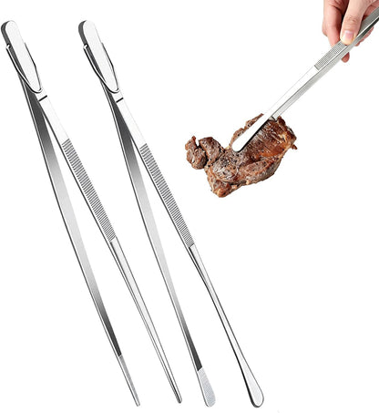 2 Pcs 12" Kitchen Cooking Tweezer Set, Stainless Steel Food-Grade Metal Food Tong, Flexible Pinching, Seamless-Welding, Sturdy and Non-Slip for Serving, Grilling, Frying (Round & Pointed Tip)