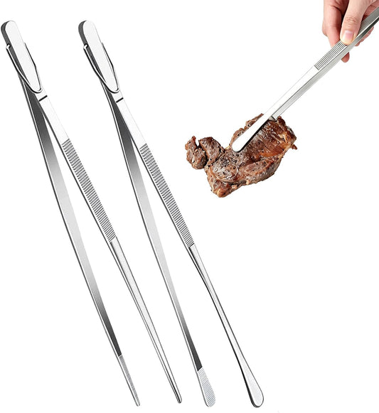 2 Pcs 12" Kitchen Cooking Tweezer Set, Stainless Steel Food-Grade Metal Food Tong, Flexible Pinching, Seamless-Welding, Sturdy and Non-Slip for Serving, Grilling, Frying (Round & Pointed Tip)