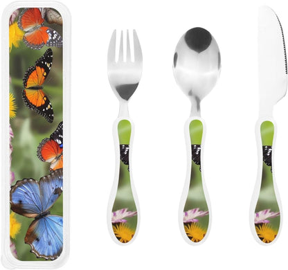 3-Piece Kids Silverware Set With Storage Case, Stainless Steel Reusable Children Safe Knife Spoon Fork Set Elephant Pattern Children Flatware Set For Kids Lunch Box