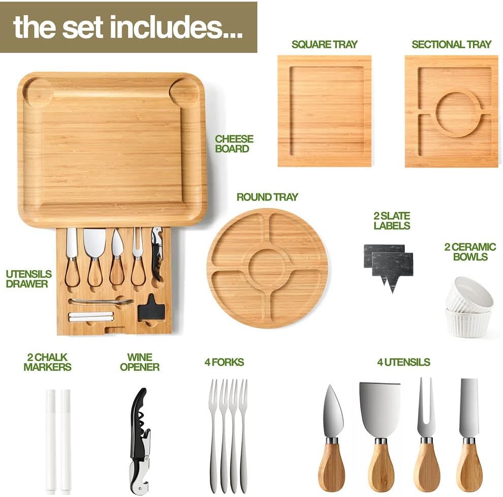 Bamboo Charcuterie Boards Gift Set - Simple Meat and Cheese Board Set with Charcuterie Board Accessories, Valentines Day Gifts, Unique House Warming Gifts New Home - Home it