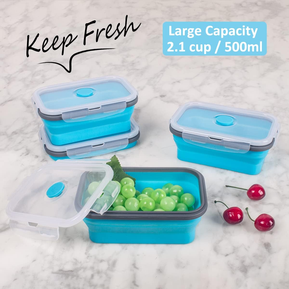 Collapsible Food Storage Containers with Lids, 4 Pack, 40 oz Silicone 1-Compartment Meal Prep Containers Reusable, Lunch Bento Boxes for Adults, Microwave Freezer Dishwasher Safe, BPA-Free, Black