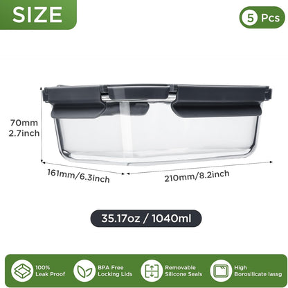 Glass Food Storage Containers with Lids,10 pack [36oz*5+13.5oz*5], Glass Meal Prep Container with Airtight Lids, Microwave Safe Food Container Set, BPA Free, LeakProof, Ideal for Lunch